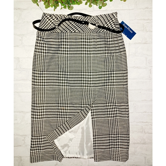 Evan Picone Houndstooth Slit Front Belted Skirt - Blk/Ivory - Picture 15 of 16